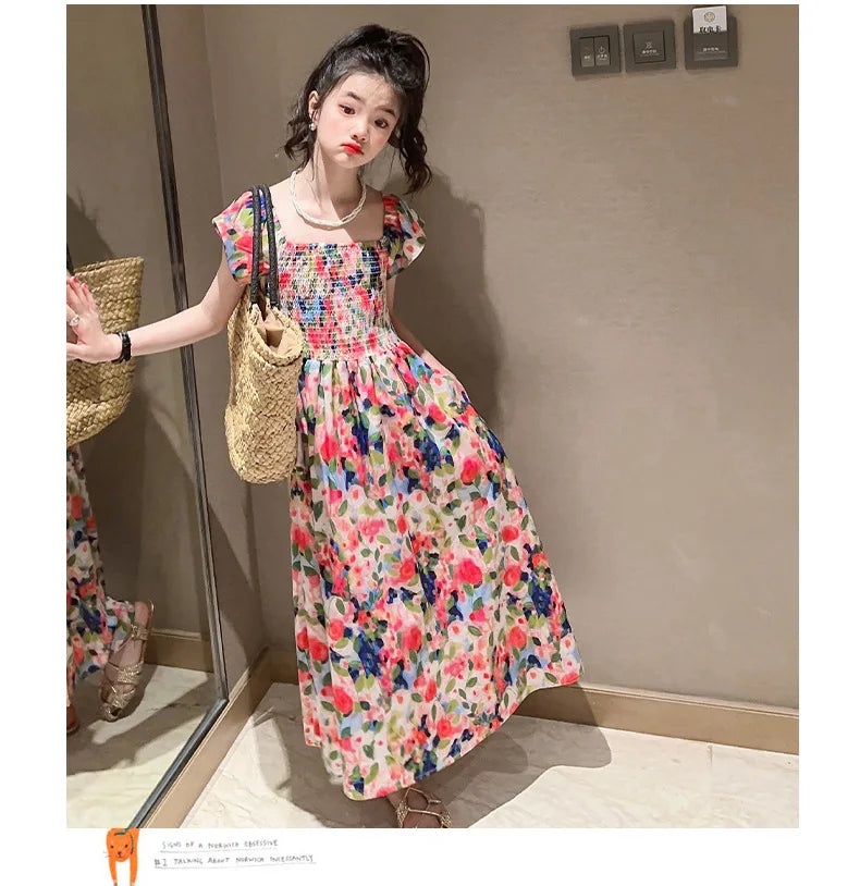 Girls floral dress summer dress children's summer thin princess dress older children girls skirt