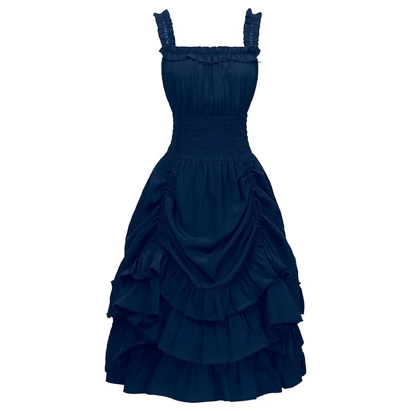 2026 Vintage Victorian Ruffle Midi Dress,High Waist A Line Women Sling Dress,Medieval Cosplay Party Dress for Women Summer Beach