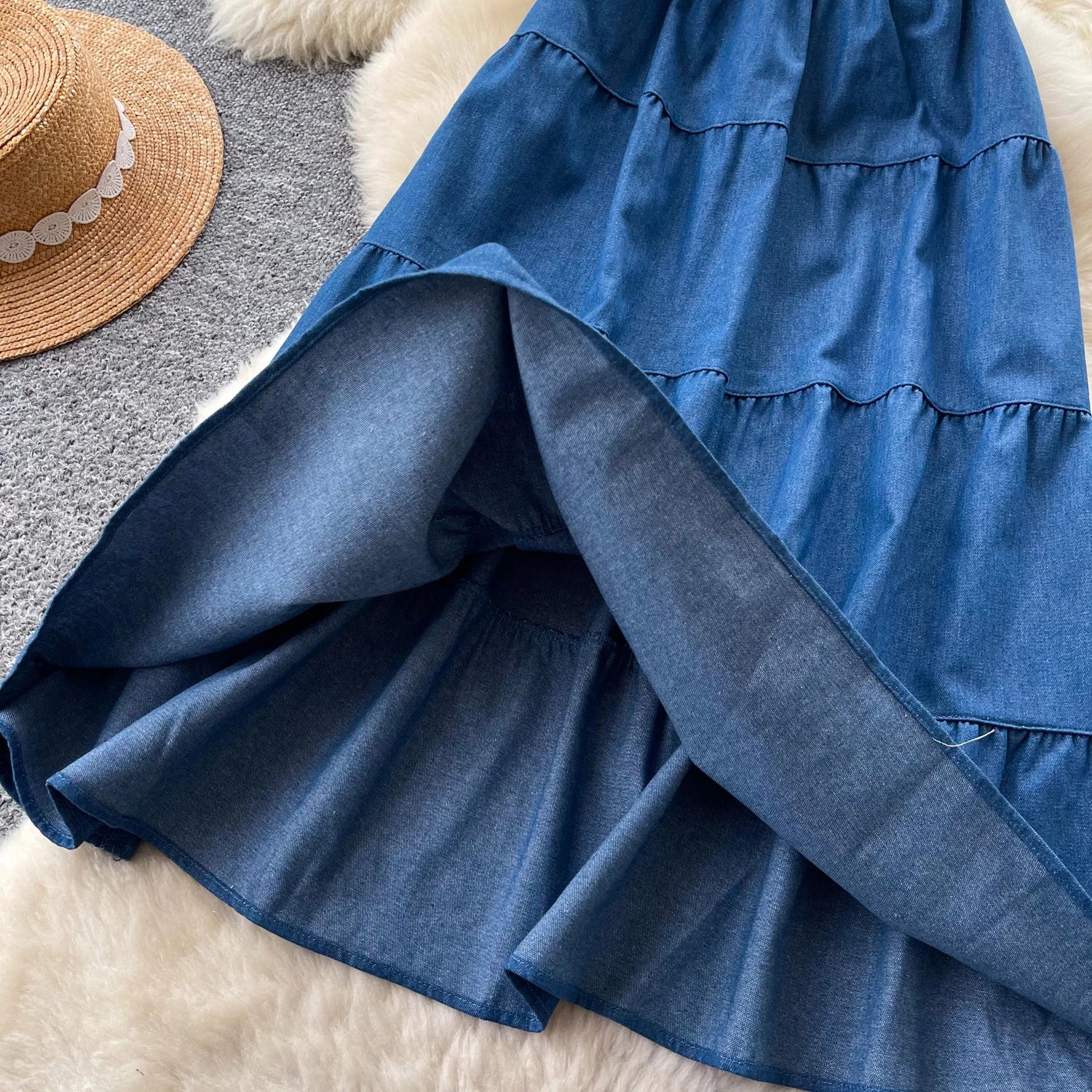Korean Style A-Line  Skirt Women's Summer Slimming Elastic Waist Denim Patchwork Skirts City Commute Universal Long Skirts