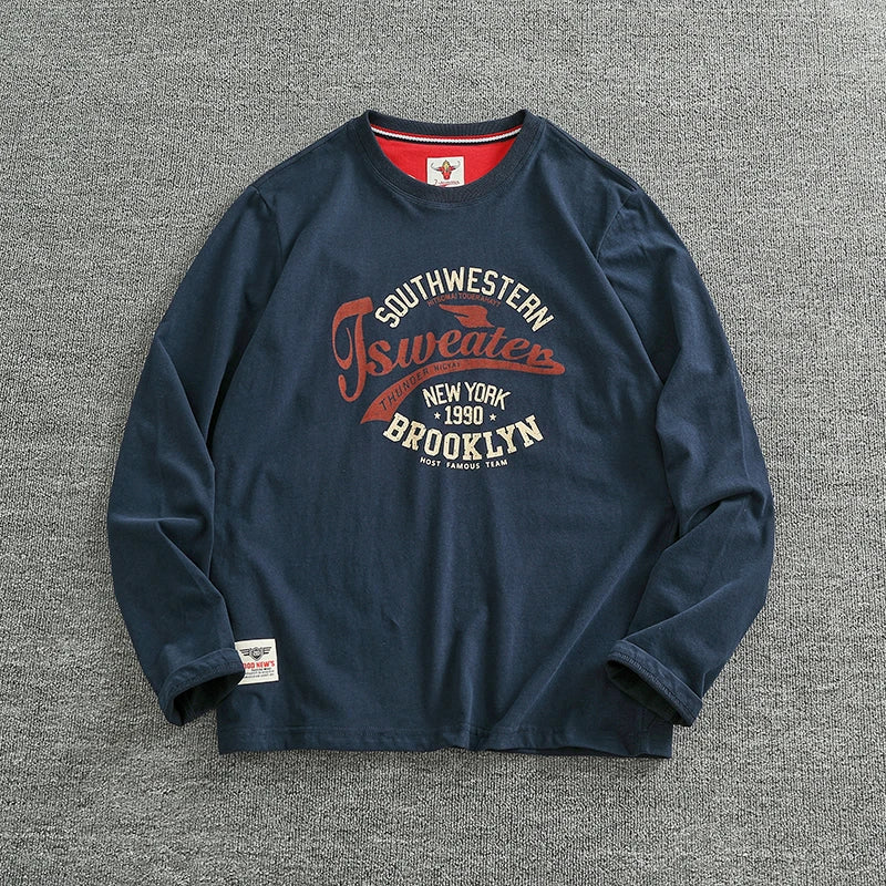 Autumn New American Retro Long Sleeve O Neck Letter Printed Mens 100 Percent Cotton Washed Casual T Shirt