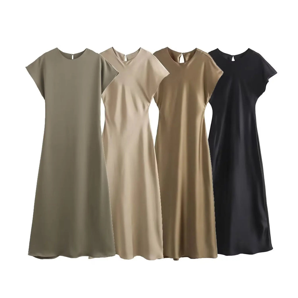 Woman Satin Midi Dress Summer Female Solid Fashion Elegant Long Dresses Lady Chic Short Sleeve O-Neck Evening Party Dress