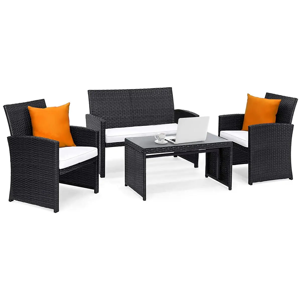 Outdoor Rattan Wicker Patio Furniture Set 4 Pieces Sofa & Table W/Cushions & Tempered Glass For Garden Lawn Backyard, Customized