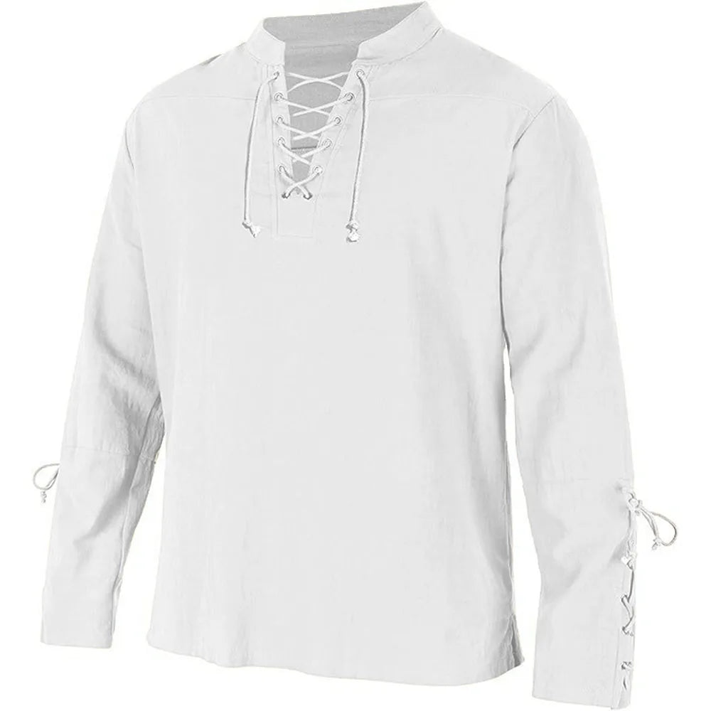 FURCW Men's Cotton Linen Long Sleeve V-Neck Medieval Pirate Shirt