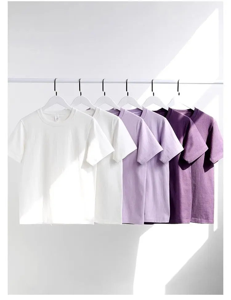Men's and Women's T-shirts 300G Heavy Gray-purple Round Neck Short-sleeved T-shirts Women's Basic Pure Cotton Simple