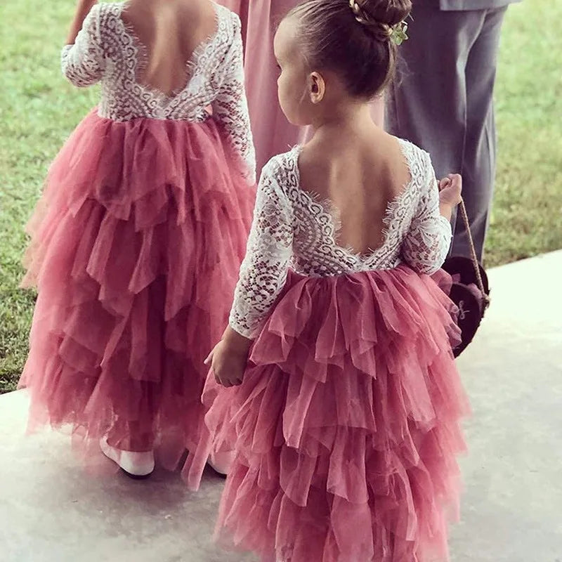 Princess Girls Festival Dress for 6m To 13 Years Old Elegant Flower Girl Vacation Layered Dress Lace Backless Evening Dresses