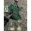 American Vintage Letter Print Fake Two Halter T-shirt Women Short Sleeve Patchwork Slim Crop Tops Y2k Aesthetic Harajuku Tees