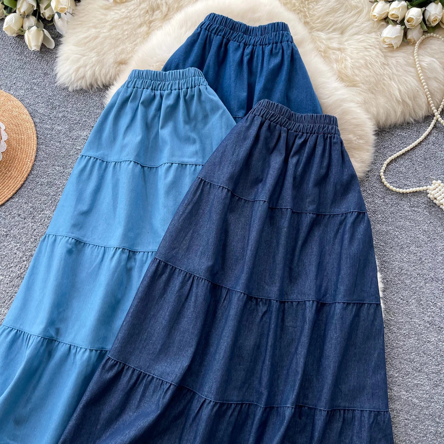 Korean Style A-Line  Skirt Women's Summer Slimming Elastic Waist Denim Patchwork Skirts City Commute Universal Long Skirts