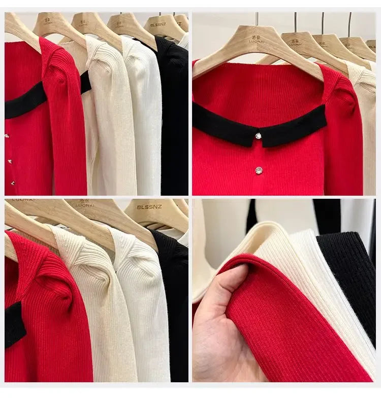 Women's Knitted Short Sweater Square Collar Base Shirt Color Collision Design Sensation Autumn Winter Special Edition Top