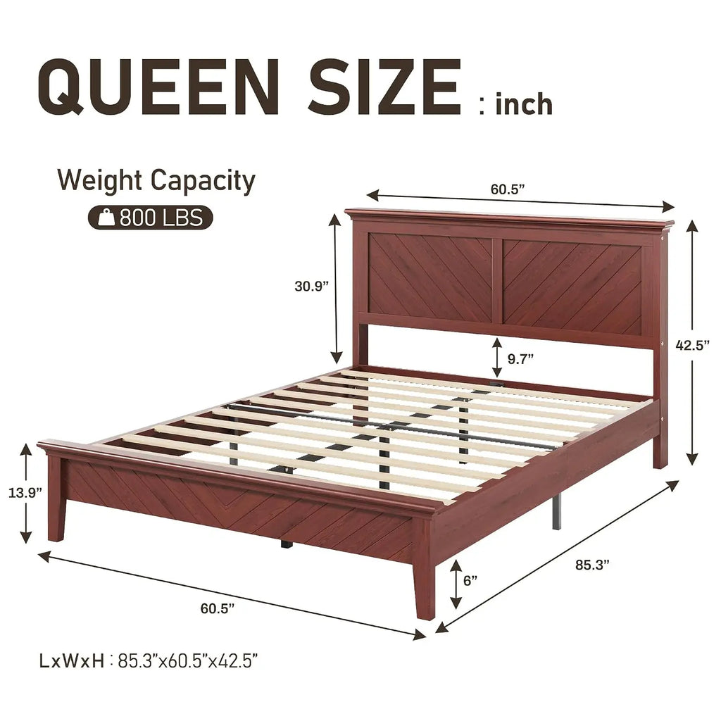 Solid Acacia Wood Queen Bed Frame with Headboard Cherry Finish, Customized