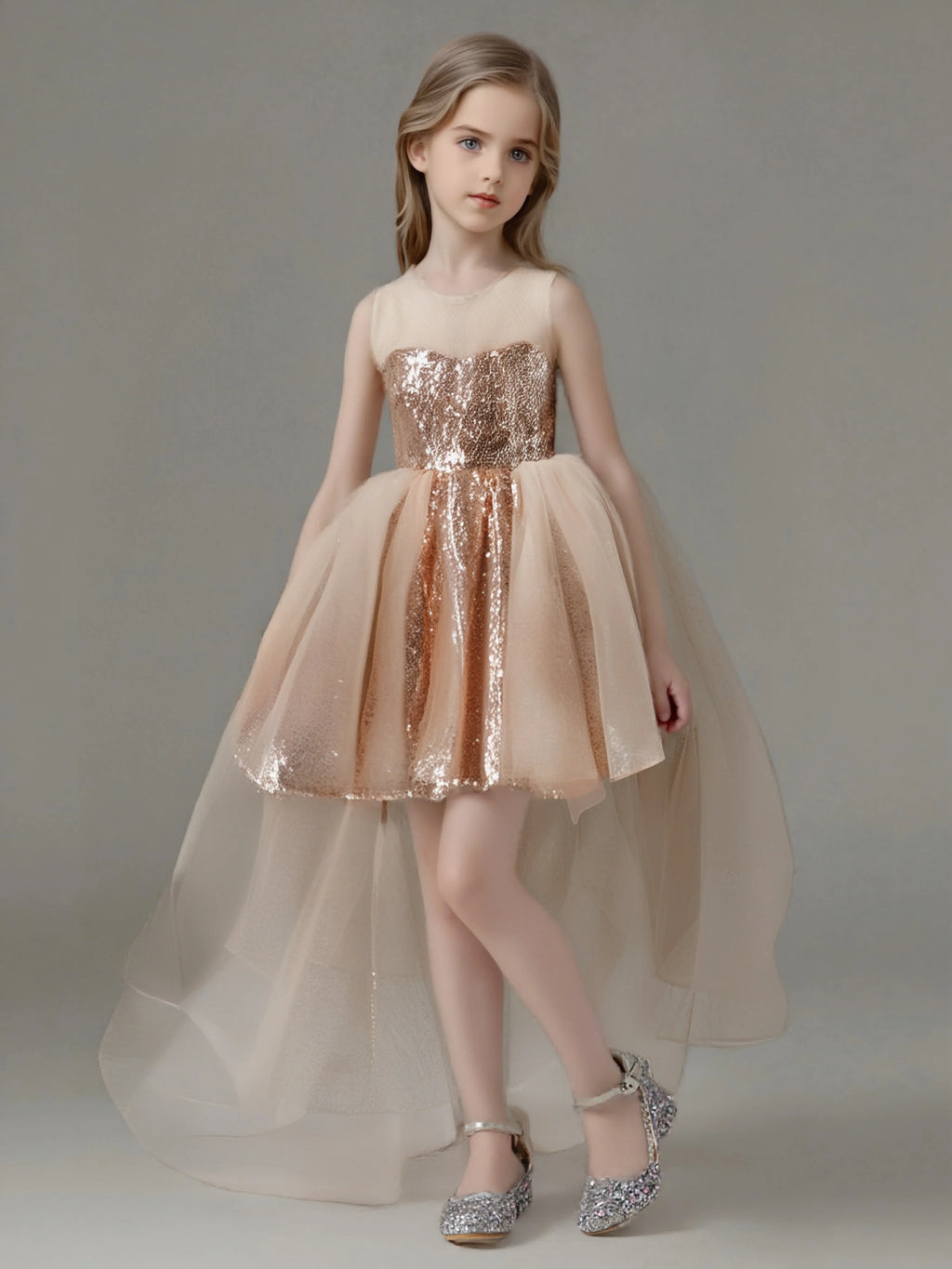 HETISO Fashion Girls Sequin Princess Dress Tulle Sleeveless Banquet High end Lace Evening Ball Gown for Kids Child 2-6 Years