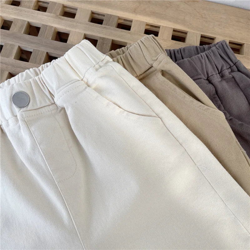 2-7Y New Autumn Casual Pants Solid Color Elastic Waist Pants with Side Pockets for Boys Girls Cotton Trousers Daily