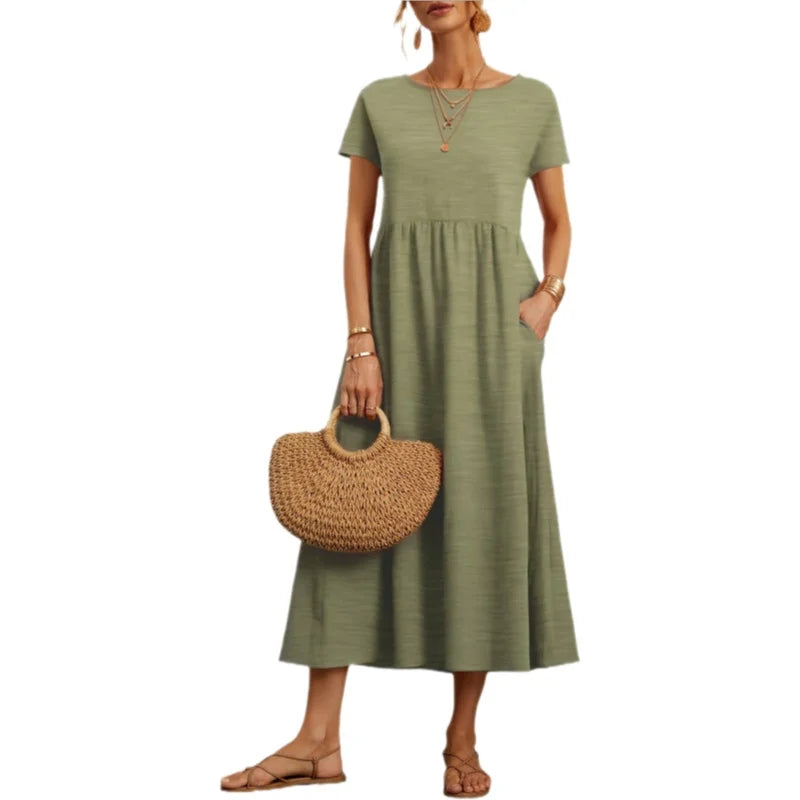 Casual Long Ice Silk round Neck Short Sleeve Dress Pure Color A-Line Skirt Comfortable Elastic Waist Elegant Commute Style