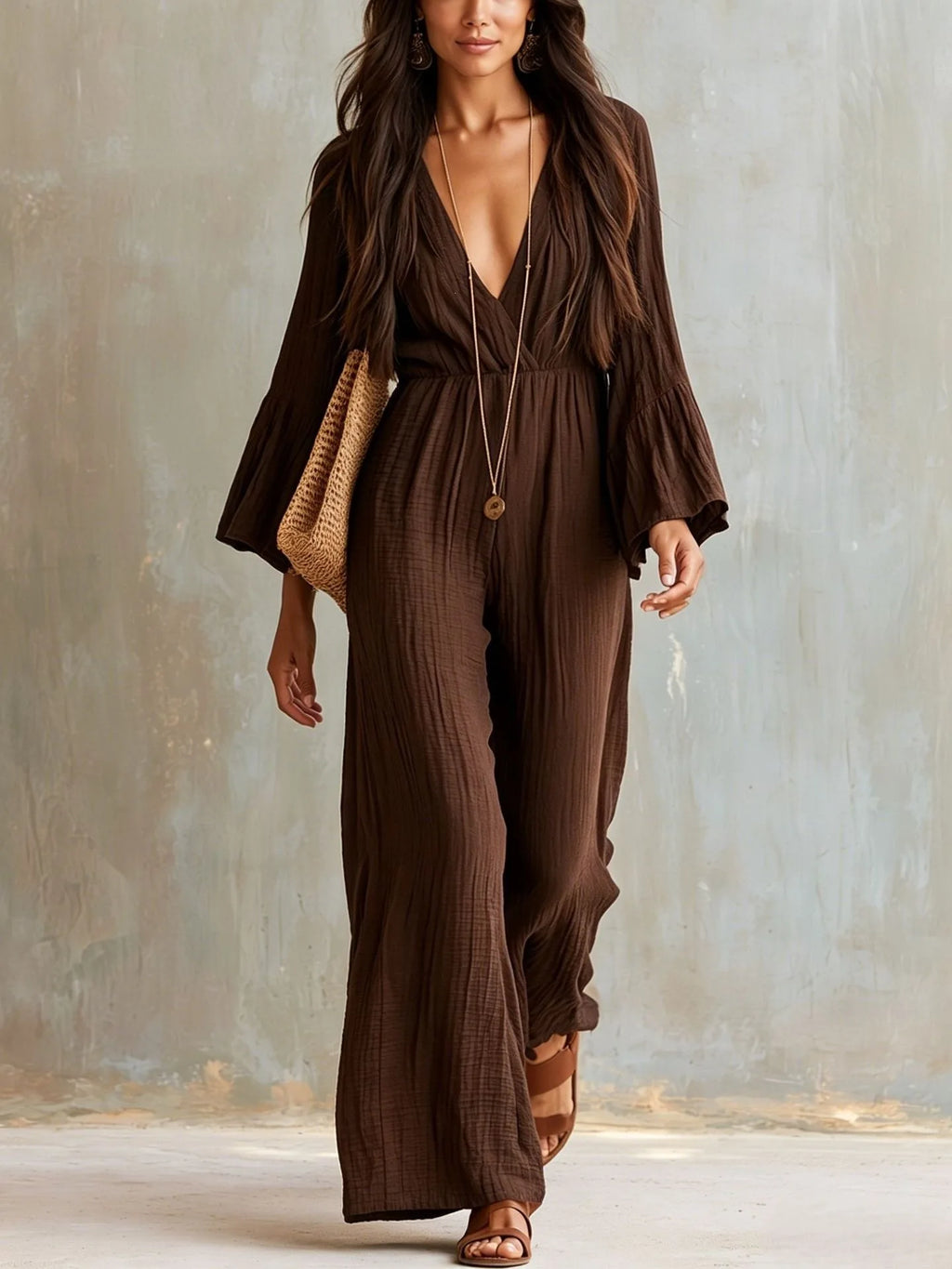 Elegant Women Flare Sleeve Jumpsuit Deep V Neck High Waist Wide Leg Casual Daily Party One Piece Romper