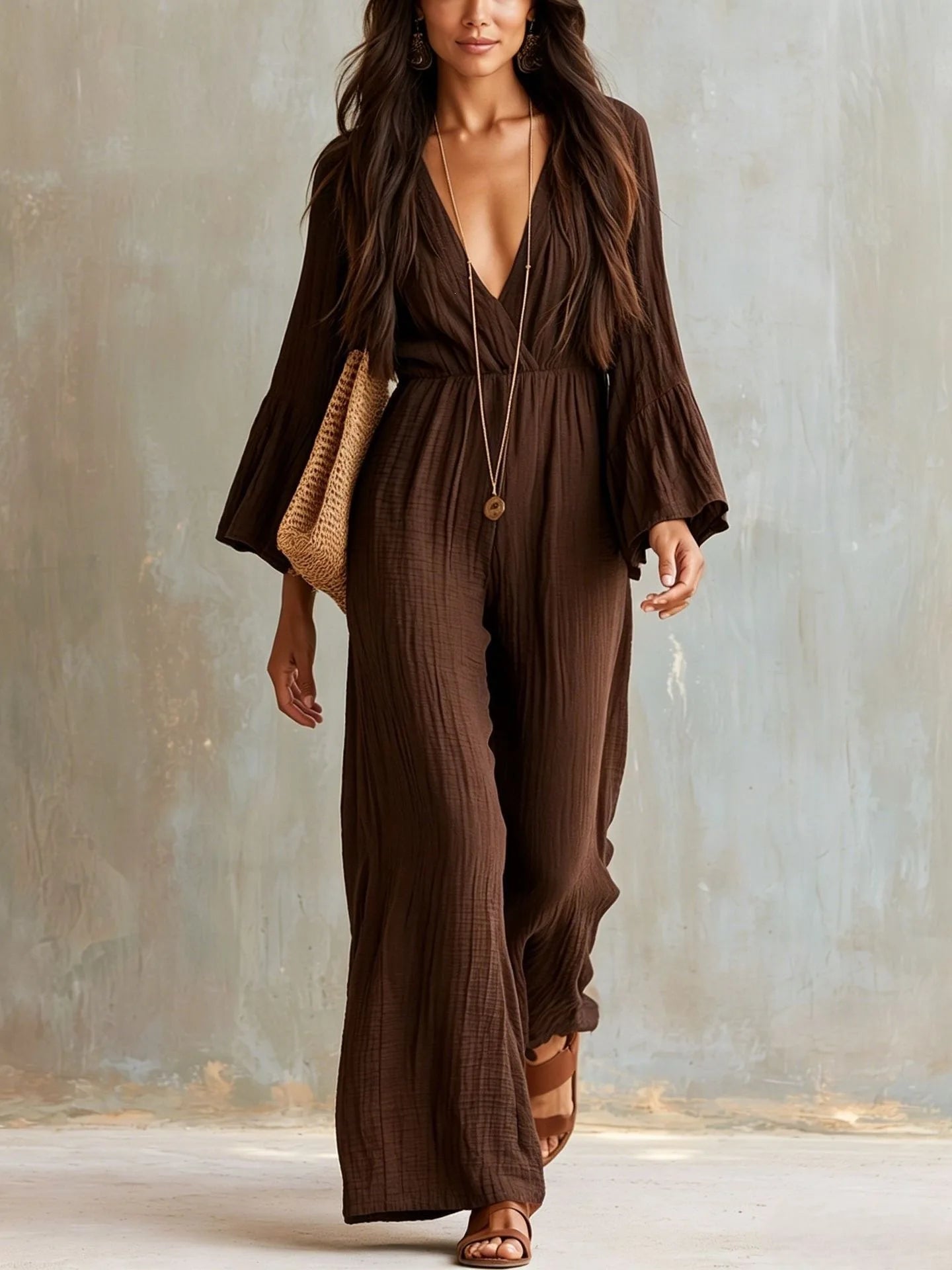 Elegant Women Flare Sleeve Jumpsuit Deep V Neck High Waist Wide Leg Casual Daily Party One Piece Romper