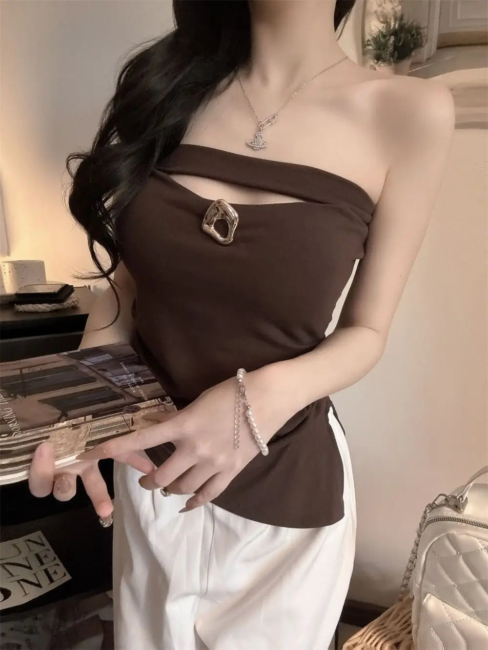 Sexy Slimming Red One-Shoulder Tube Top Women's Summer Fitted Hollow out Chest Pad Korean Style Thin T-Shirt Vest