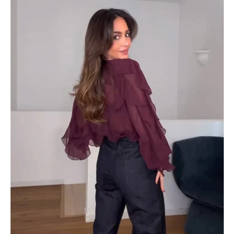 Woman 2026 Womens Blouses Semi Sheer Casual Blouses Woman Spring Fairy Shirts and Blouses for Lady Long Sleeve Tops