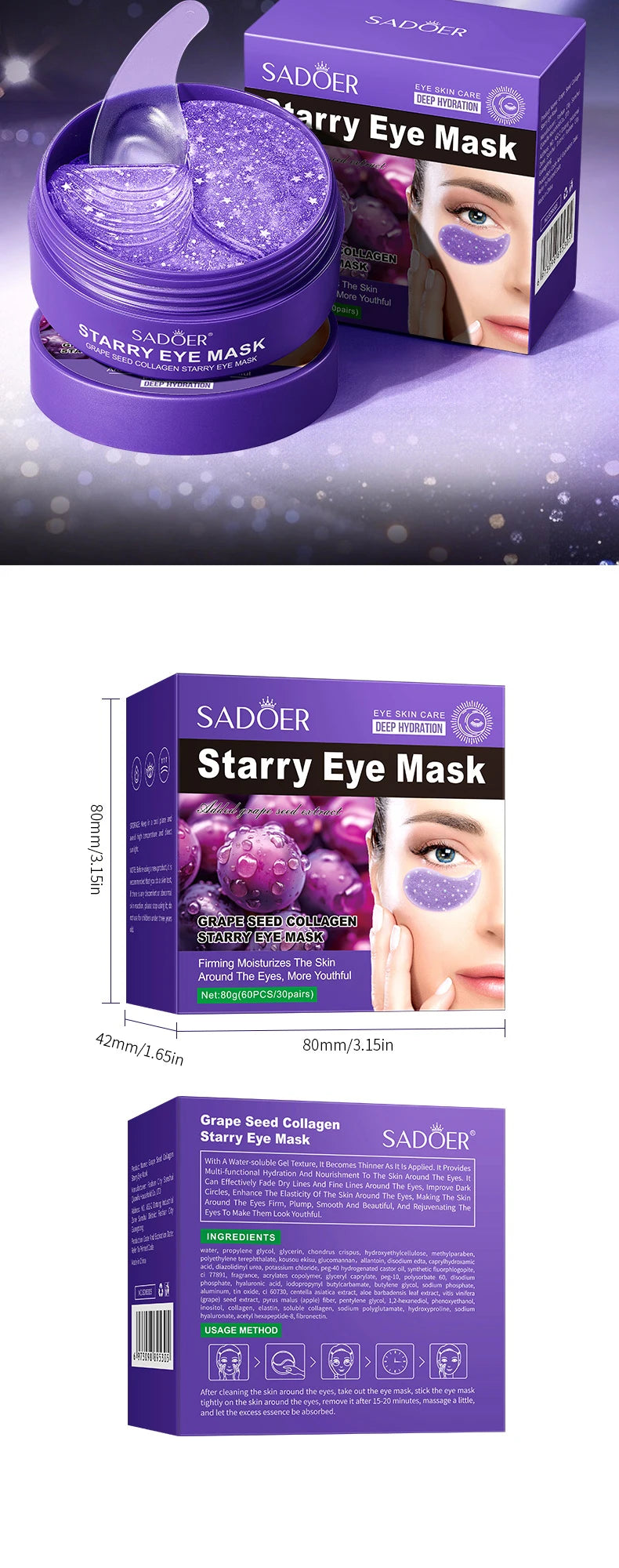 60pcs SADOER Grape Crystal Collagen Eye Mask Anti Dark Circles Under The Eyes Moisturizing Anti-Wrinkles Anti-Aging Eye Patches