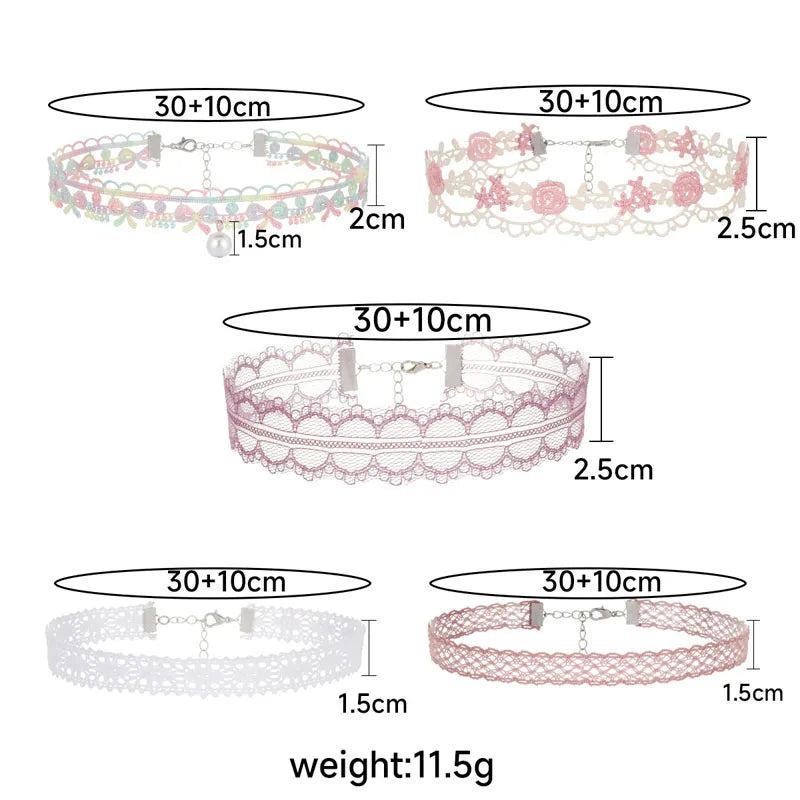 5 Pieces Sweet Pink Lace Choker Necklace Set For Women'S With Flower Pearl Dangle Clavicle Jewelry Accessories For Girls
