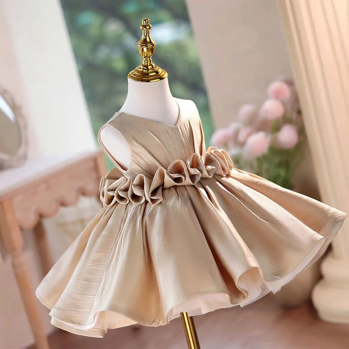 Dreamy Vow J460A Champagne Elegant Flower Girl Dress Satin Knee Length Children Wedding Birthday Holiday Party Pageant Dress