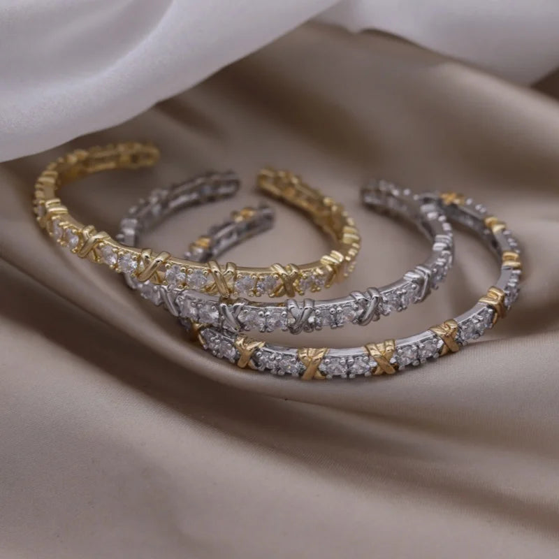2024 French New Design Fashion Jewelry Two-Color Plated Zircon Letter X Opening Bracelet Elegant Women'S'S Daily Work Accessories