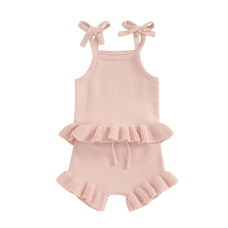 Lioraitiin Newborn Baby Girl Outfit Set 2Pcs Knit Solid Color Sleeveless Cami Tops With Elastic Waist Shorts