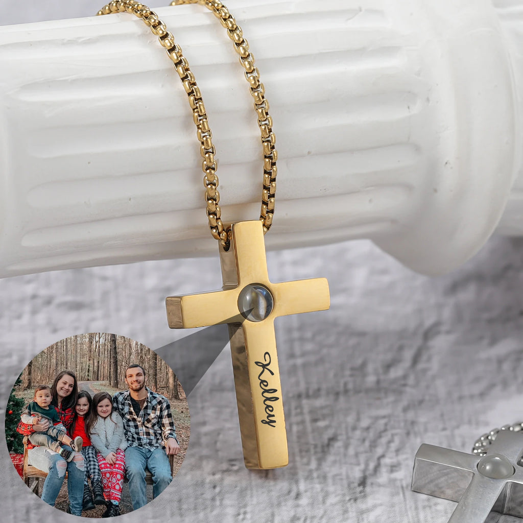 Dascusto Customized Cross Projection Necklace Men Personality Memorial Gifts For Birthday Anniversary Best Gifts Men's Jewelry