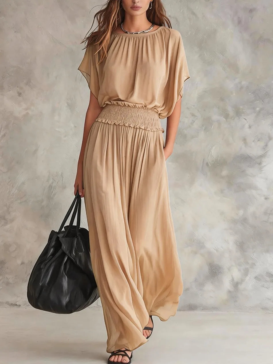 Elegant High-Waisted Loose Dress for Women Summer Fashionable Casual O-Neck Batwing Short Sleeve Waist-Cinching Elegant Women's