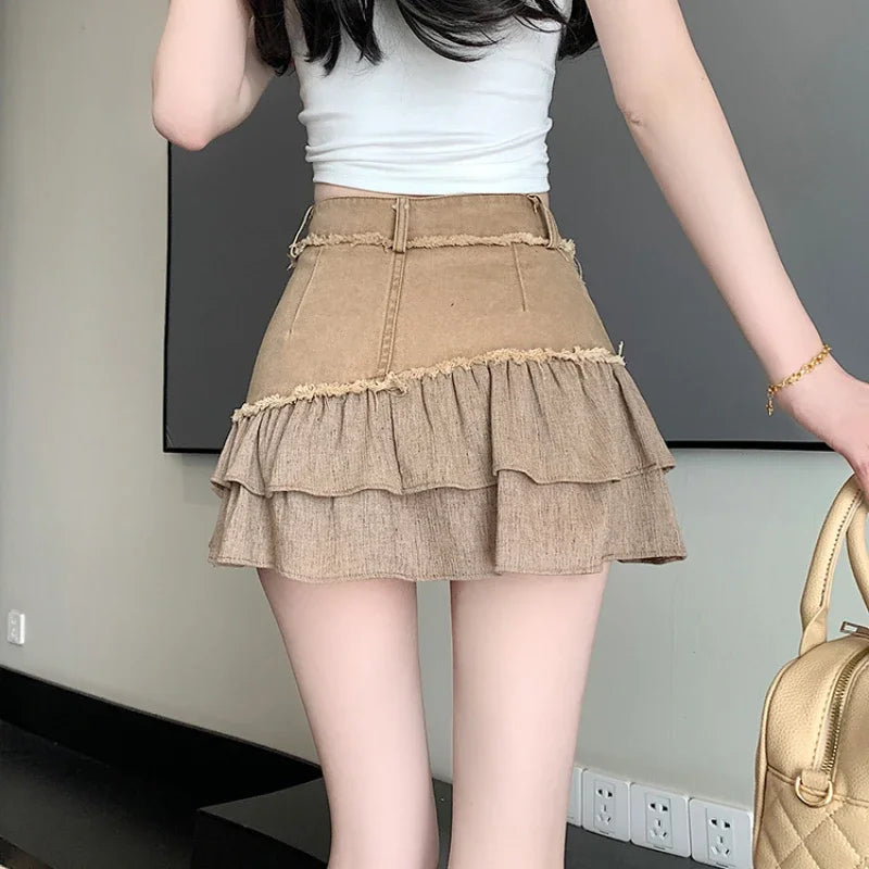 Fashion 2025 New Denim Patchwork Ruffle Denim Skirts Women Summer Retro High Waist Slim Skirts Woman