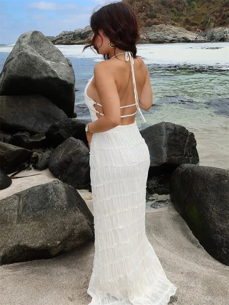 Tossy Spring Fashion Patchwork Long Dress For Women Lace-Up Backless High Waist Solid Holiday Beach Dress Ladies Maxi Dress 2025