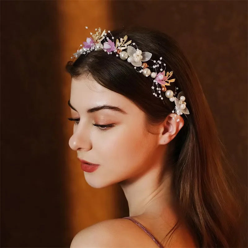 Wedding Accessory Bride Crown Hair Crystal Jewelry Tiara With Pearls Flowers Wedding Crown Floral Pearl Bridal Headband