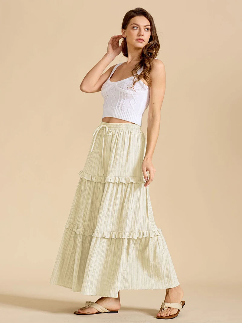 Beiyingni 2025 New In Women's Skirt Pure Color Leisure Fashionable Lace-up A-line Long Maxi Skirts Female Simple Slim Faldas