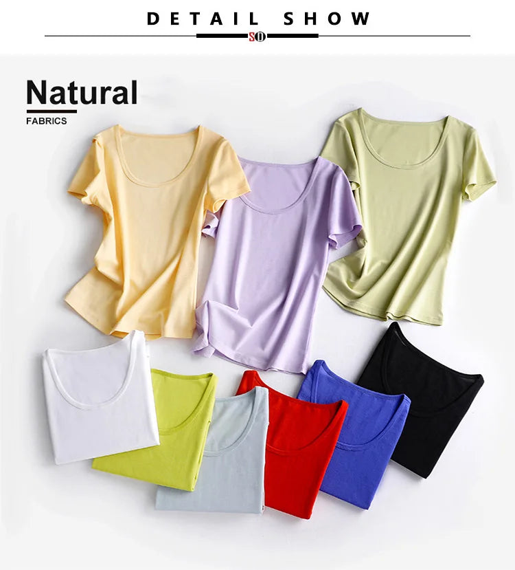 SuyaDream 2022 Woman Summer Tee Silk Acetate Blend U Neck Slim Waisted Solid Cosy T Shirt Candy Colors Top