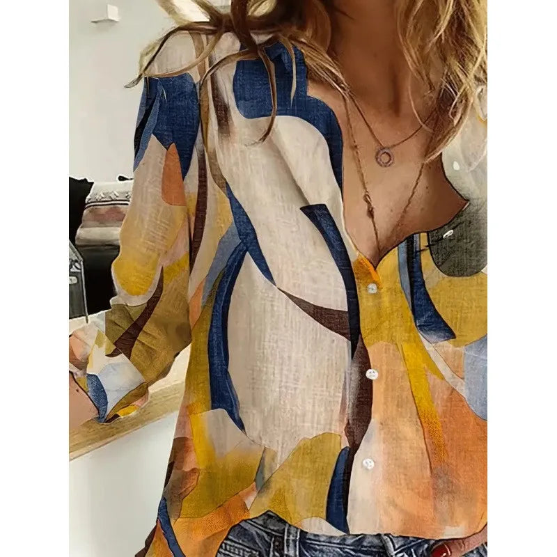 Loose Long Sleeve Women's Shirt Digital Print Lantern Style Comfortable Fit Fashionable Commute Style Geometric Pattern