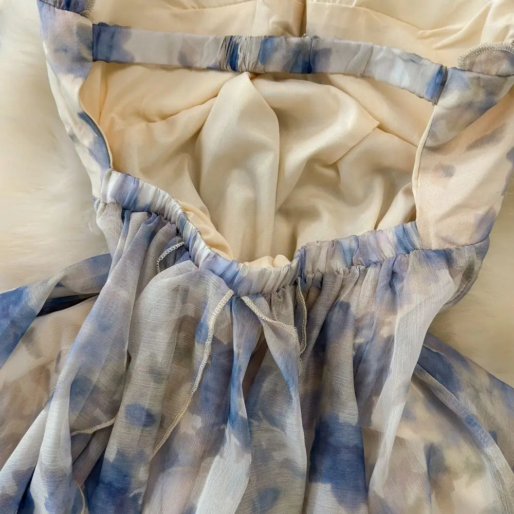 Fashionable Beach Vacation Strapless Backless Slimming Print Chiffon Dress with Ruffle Hem Gradient Coloring Knitted Fabric