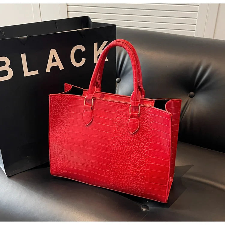 Spring 2025 Large Capacity Fashionable Handbag Casual Commuting Trendy Crocodile Pattern Tote Bag Street Style PU Material