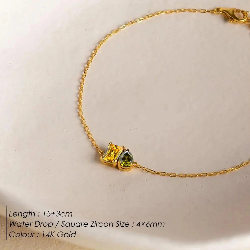 Personalized Birthstone Bracelet for Women Gold Plated Stainless Steel Dainty Two Stones Custom Gemstone Jewelry Birthday Gift