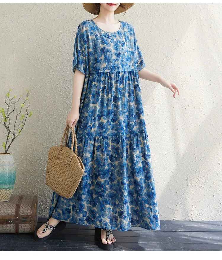 THHONE Vestido Feminino Summer Dresses for Women 2025 Bohemian Holiday Floral O Neck Short Sleeve Casual Print Women's Clothes