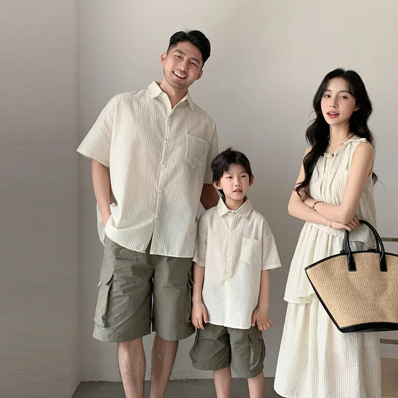 Mommy and Me Clothes Striped Print Family Matching Outfits Holiday Look Button Shirt Ruffles Dress Casual Clothing Set Beachwear
