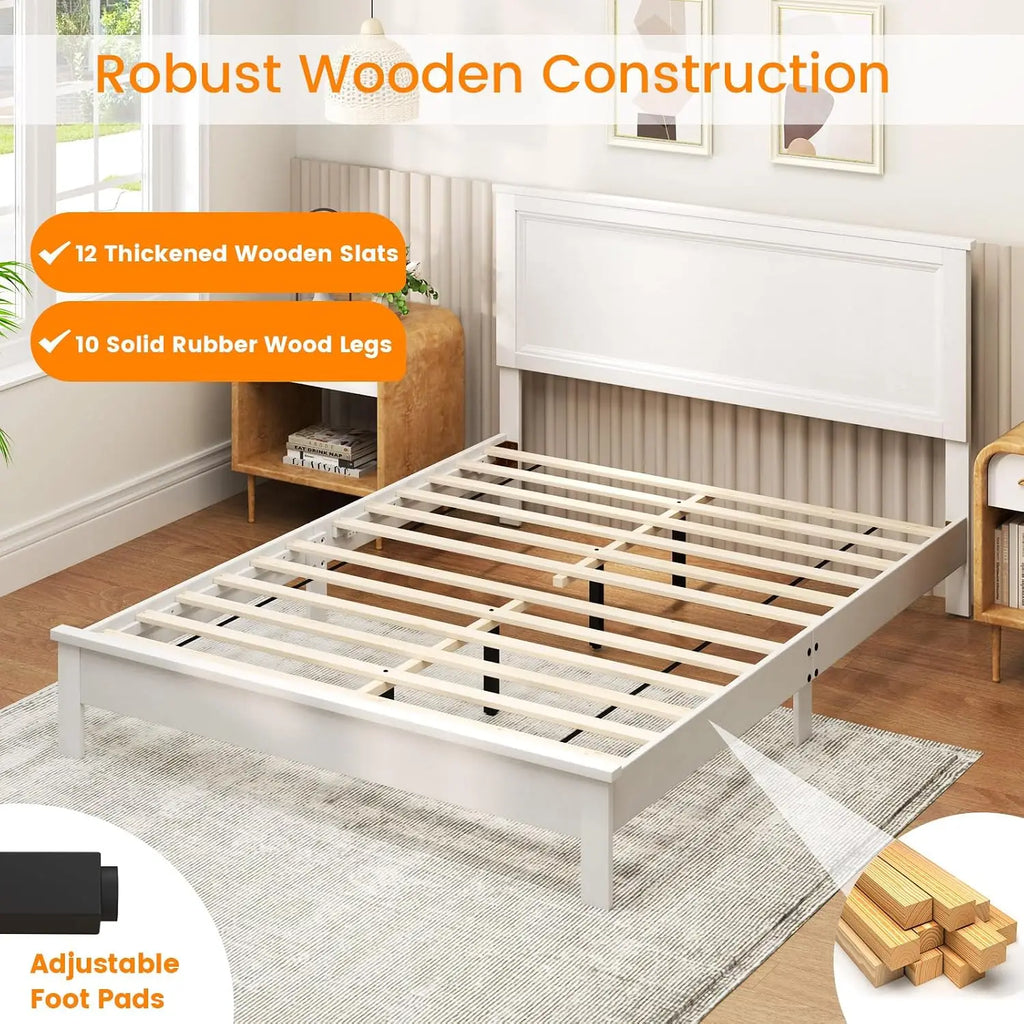 Queen Size Wood Platform Bed Frame with Headboard, Wooden Mid Century Platform Bed with Slat Support & Under Bed, Customized