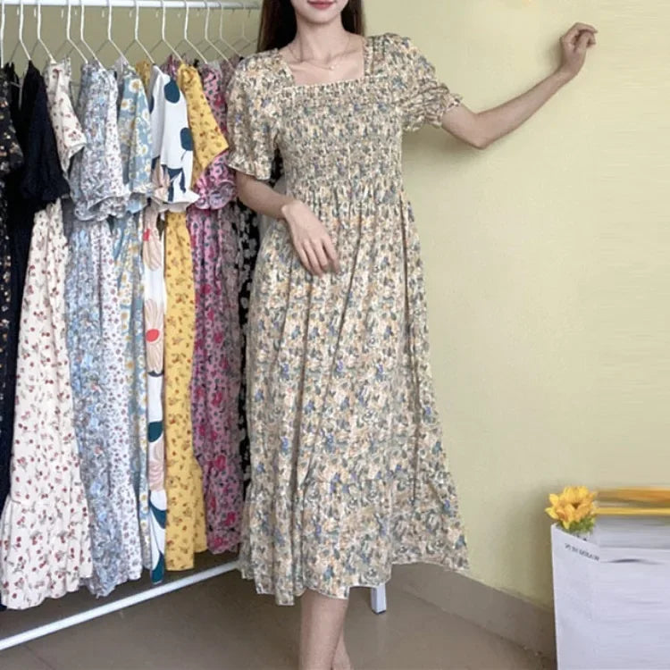 Fashion Female  Vestidos Short Sleeve Pleated A-line Dresses Spring Summer Elastic Waist Chiffon Dress Women Casual Dresses