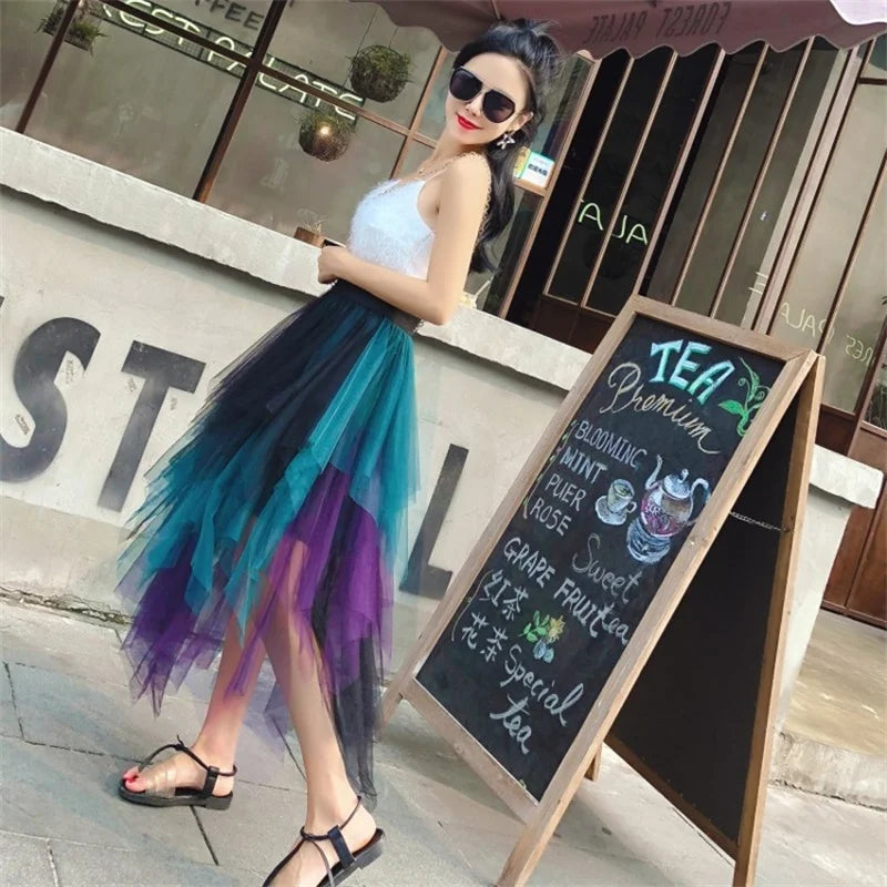Summer Tutu Women Skirt Harajuku Casual Tulle Bottom Jupe Femme Faldas Fashion High Waist Midi Mesh Skirts Woman Clothing Saia
