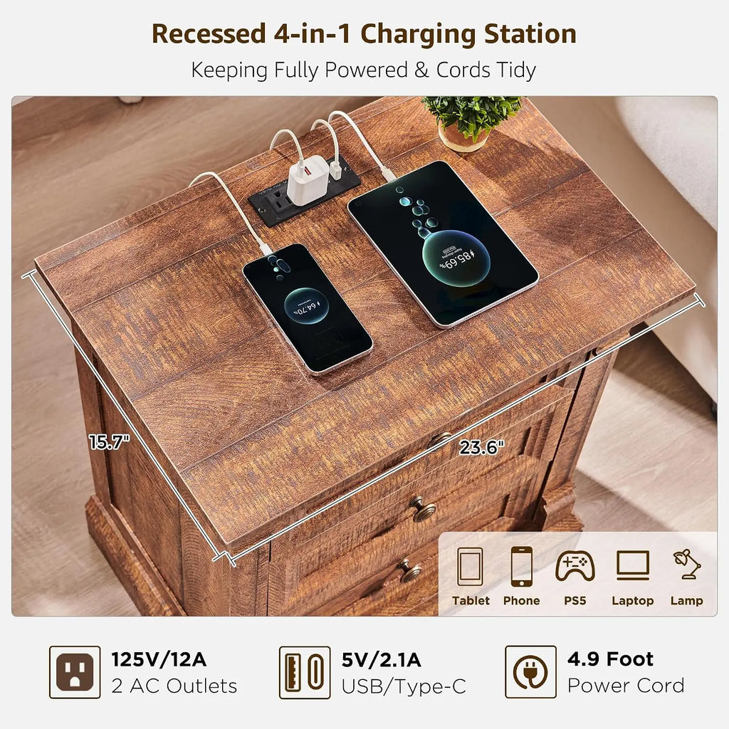 26" Tall Nightstand With Charging Station, 23.6"W End Table W/Roman Column, Customized