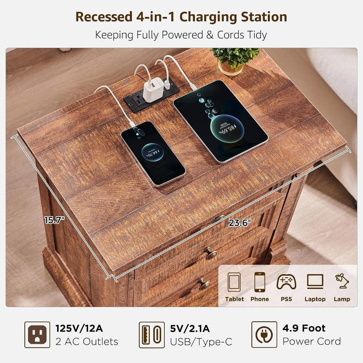 26" Tall Nightstand With Charging Station, 23.6"W End Table W/Roman Column, Customized