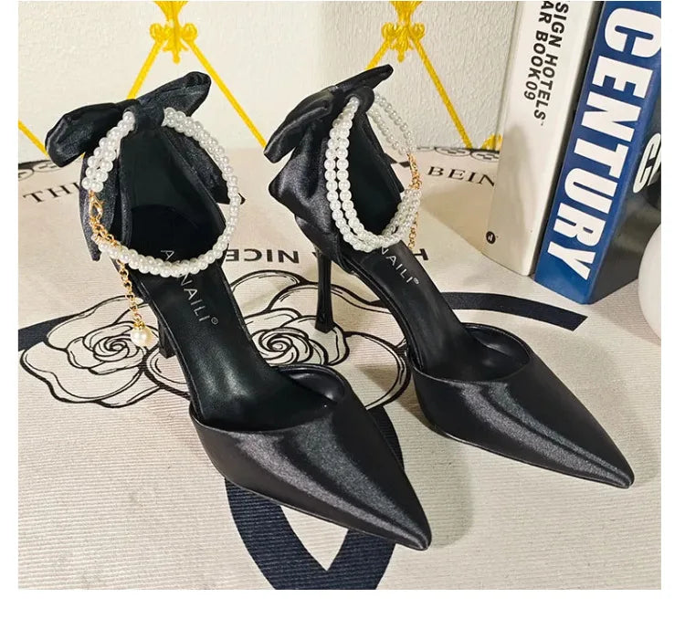 Plus 33-42 Pearl Ankle Strap Bow Heels Stiletto High Heels Women Pumps Wedding Shoes Bride Ladies Party Prom Closed-toe Sandals
