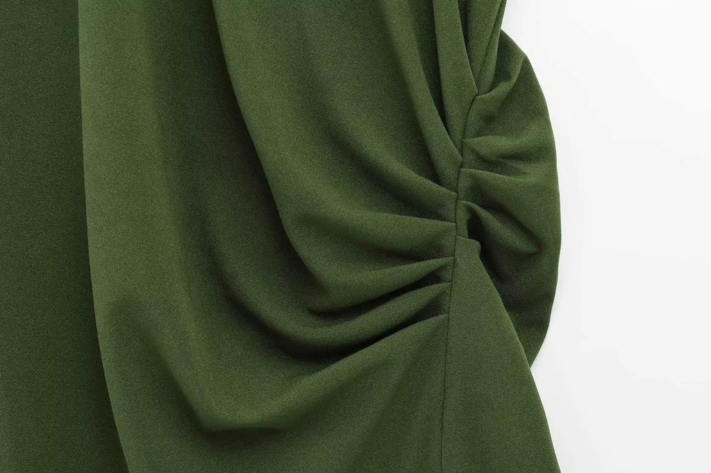 Summer Women's Midi Dress Slit Short Sleeve Pleated Cross-Border Street Style Polyester Solid Color Basic round Neck Loose Waist