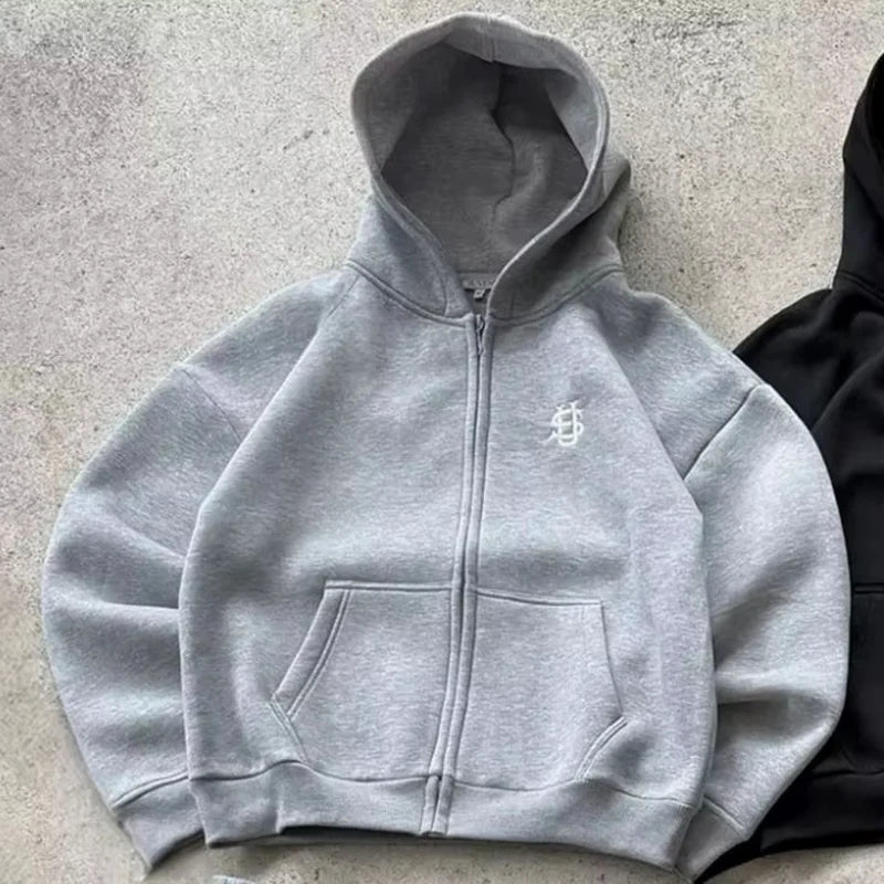 Y2k High Street Zip Embroidery Pattern Men's Hoodies Oversized Loose Sweatshirts Pullover Women Hip Hop Zip Hoodie Vintage Pants