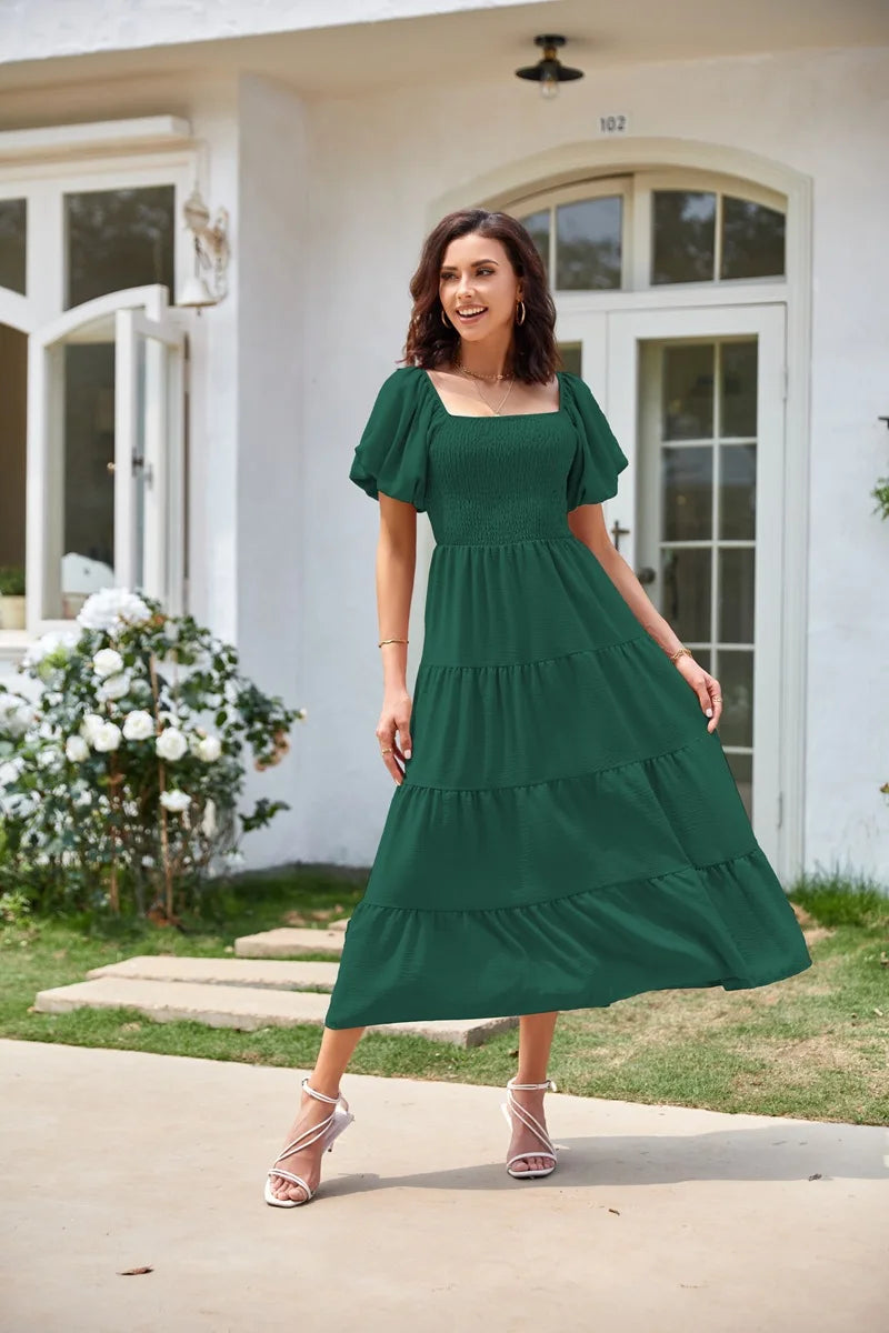 2026 Spring Summer Elegant Women's Long Dress Fashionable Solid Color Square Neck Puff Sleeve Pleated Slim Fit Loose Hem Dress