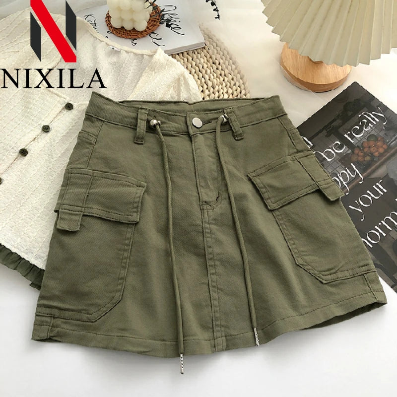 New in Women Summer Drawstring High Waist Denim Package Hip Half-body Skirt Korean Fashion Vintage Versatile Skirt Women Clothes