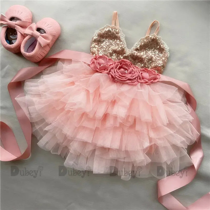 New Born Baby Girls Birthday Dress for Kids Xmas Toddle Party Gown Gold Sequined Layered Tutu Dress Children New Year Clothing