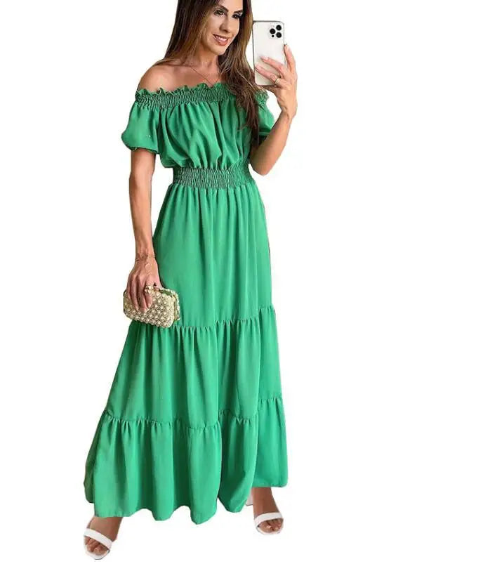 Summer Sexy Off Shoulder Slash Neck Ruffle Beach Party Dress Elegant Women Fashion Red Lace-up Pleated Holiday Long Dresses Robe